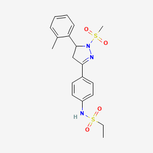 molecular formula C19H23N3O4S2 B2907624 N-(4-(1-(methylsulfonyl)-5-(o-tolyl)-4,5-dihydro-1H-pyrazol-3-yl)phenyl)ethanesulfonamide CAS No. 851781-85-6