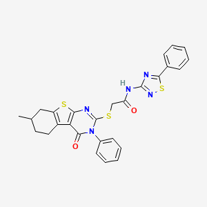molecular formula C27H23N5O2S3 B2907674 2-({11-methyl-3-oxo-4-phenyl-8-thia-4,6-diazatricyclo[7.4.0.0^{2,7}]trideca-1(9),2(7),5-trien-5-yl}sulfanyl)-N-(5-phenyl-1,2,4-thiadiazol-3-yl)acetamide CAS No. 670273-23-1
