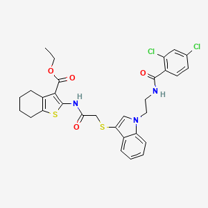 molecular formula C30H29Cl2N3O4S2 B2907707 ethyl 2-{2-[(1-{2-[(2,4-dichlorophenyl)formamido]ethyl}-1H-indol-3-yl)sulfanyl]acetamido}-4,5,6,7-tetrahydro-1-benzothiophene-3-carboxylate CAS No. 532975-65-8