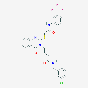 molecular formula C28H24ClF3N4O3S B2908192 N-[(3-chlorophenyl)methyl]-4-{4-oxo-2-[({[3-(trifluoromethyl)phenyl]carbamoyl}methyl)sulfanyl]-3,4-dihydroquinazolin-3-yl}butanamide CAS No. 451464-83-8