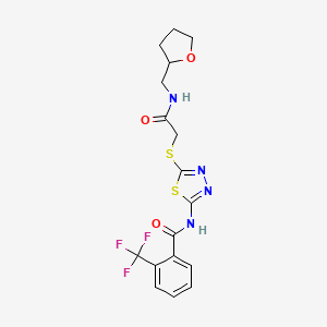molecular formula C17H17F3N4O3S2 B2908201 N-(5-((2-oxo-2-(((tetrahydrofuran-2-yl)methyl)amino)ethyl)thio)-1,3,4-thiadiazol-2-yl)-2-(trifluoromethyl)benzamide CAS No. 893333-21-6