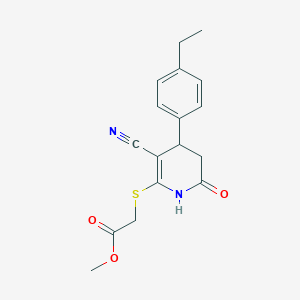 molecular formula C17H18N2O3S B2908314 methyl 2-{[3-cyano-4-(4-ethylphenyl)-6-oxo-1,4,5,6-tetrahydropyridin-2-yl]sulfanyl}acetate CAS No. 332050-69-8