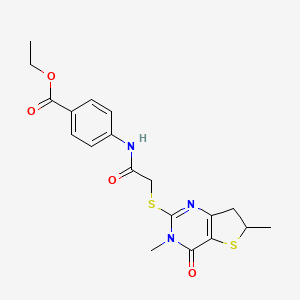 molecular formula C19H21N3O4S2 B2908455 ethyl 4-[2-({3,6-dimethyl-4-oxo-3H,4H,6H,7H-thieno[3,2-d]pyrimidin-2-yl}sulfanyl)acetamido]benzoate CAS No. 688353-26-6