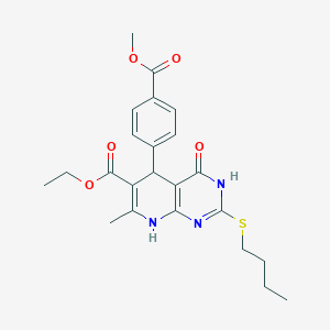 molecular formula C23H27N3O5S B2908575 ethyl 2-(butylsulfanyl)-5-[4-(methoxycarbonyl)phenyl]-7-methyl-4-oxo-3H,4H,5H,8H-pyrido[2,3-d]pyrimidine-6-carboxylate CAS No. 878123-40-1