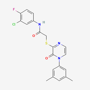 molecular formula C20H17ClFN3O2S B2908817 N-(3-chloro-4-fluorophenyl)-2-{[4-(3,5-dimethylphenyl)-3-oxo-3,4-dihydropyrazin-2-yl]sulfanyl}acetamide CAS No. 895109-66-7