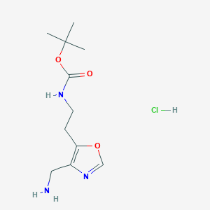 molecular formula C11H20ClN3O3 B2908830 tert-butylN-{2-[4-(aminomethyl)-1,3-oxazol-5-yl]ethyl}carbamatehydrochloride CAS No. 2347638-54-2