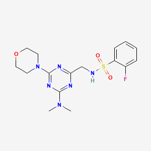 molecular formula C16H21FN6O3S B2908910 N-((4-(dimethylamino)-6-morpholino-1,3,5-triazin-2-yl)methyl)-2-fluorobenzenesulfonamide CAS No. 2034408-49-4