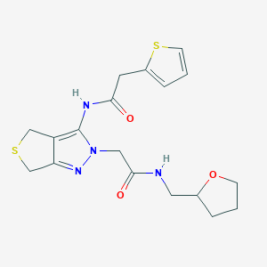 molecular formula C18H22N4O3S2 B2908974 N-(2-(2-oxo-2-(((tetrahydrofuran-2-yl)methyl)amino)ethyl)-4,6-dihydro-2H-thieno[3,4-c]pyrazol-3-yl)-2-(thiophen-2-yl)acetamide CAS No. 1105250-02-9