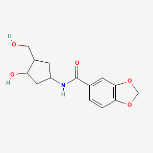 molecular formula C14H17NO5 B2909080 N-(3-hydroxy-4-(hydroxymethyl)cyclopentyl)benzo[d][1,3]dioxole-5-carboxamide CAS No. 1421498-00-1