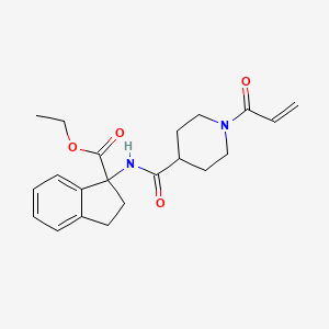 molecular formula C21H26N2O4 B2909088 Ethyl 1-[(1-prop-2-enoylpiperidine-4-carbonyl)amino]-2,3-dihydroindene-1-carboxylate CAS No. 2361717-99-7