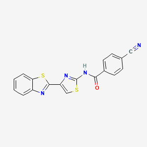 molecular formula C18H10N4OS2 B2909138 N-[4-(1,3-benzothiazol-2-yl)-1,3-thiazol-2-yl]-4-cyanobenzamide CAS No. 477327-11-0