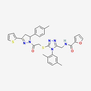 B2909152 N-[[4-(2,5-dimethylphenyl)-5-[2-[3-(4-methylphenyl)-5-thiophen-2-yl-3,4-dihydropyrazol-2-yl]-2-oxoethyl]sulfanyl-1,2,4-triazol-3-yl]methyl]furan-2-carboxamide CAS No. 393586-28-2