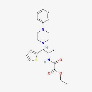 molecular formula C21H27N3O3S B2909197 Ethyl 2-oxo-2-((1-(4-phenylpiperazin-1-yl)-1-(thiophen-2-yl)propan-2-yl)amino)acetate CAS No. 1207048-63-2