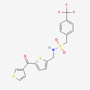 molecular formula C18H14F3NO3S3 B2909267 N-((5-(thiophene-3-carbonyl)thiophen-2-yl)methyl)-1-(4-(trifluoromethyl)phenyl)methanesulfonamide CAS No. 1797299-64-9