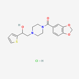 molecular formula C18H21ClN2O4S B2909333 Benzo[d][1,3]dioxol-5-yl(4-(2-hydroxy-2-(thiophen-2-yl)ethyl)piperazin-1-yl)methanone hydrochloride CAS No. 1351606-91-1