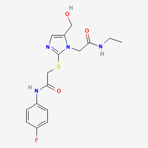 molecular formula C16H19FN4O3S B2909339 N-ethyl-2-(2-((2-((4-fluorophenyl)amino)-2-oxoethyl)thio)-5-(hydroxymethyl)-1H-imidazol-1-yl)acetamide CAS No. 921547-30-0