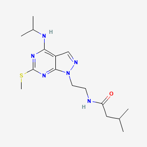 molecular formula C16H26N6OS B2909418 N-(2-(4-(isopropylamino)-6-(methylthio)-1H-pyrazolo[3,4-d]pyrimidin-1-yl)ethyl)-3-methylbutanamide CAS No. 946313-16-2