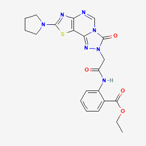 molecular formula C21H21N7O4S B2909473 ethyl 2-{2-[5-oxo-11-(pyrrolidin-1-yl)-12-thia-3,4,6,8,10-pentaazatricyclo[7.3.0.0^{2,6}]dodeca-1(9),2,7,10-tetraen-4-yl]acetamido}benzoate CAS No. 1115960-23-0
