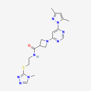 molecular formula C18H23N9OS B2909479 1-(6-(3,5-dimethyl-1H-pyrazol-1-yl)pyrimidin-4-yl)-N-(2-((4-methyl-4H-1,2,4-triazol-3-yl)thio)ethyl)azetidine-3-carboxamide CAS No. 2034282-74-9