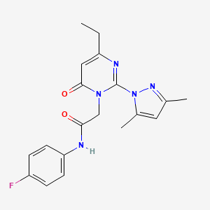molecular formula C19H20FN5O2 B2909688 2-[2-(3,5-dimethyl-1H-pyrazol-1-yl)-4-ethyl-6-oxo-1,6-dihydropyrimidin-1-yl]-N-(4-fluorophenyl)acetamide CAS No. 1007024-16-9