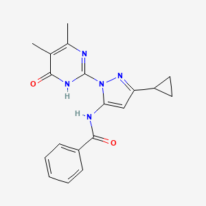 molecular formula C19H19N5O2 B2909710 N-[5-Cyclopropyl-2-(4,5-dimethyl-6-oxo-1H-pyrimidin-2-yl)pyrazol-3-yl]benzamide CAS No. 1323598-79-3