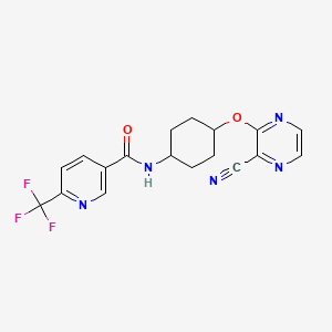 molecular formula C18H16F3N5O2 B2909851 N-((1r,4r)-4-((3-cyanopyrazin-2-yl)oxy)cyclohexyl)-6-(trifluoromethyl)nicotinamide CAS No. 2034399-06-7