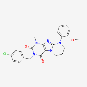 molecular formula C23H22ClN5O3 B2909853 3-(4-chlorobenzyl)-9-(2-methoxyphenyl)-1-methyl-6,7,8,9-tetrahydropyrimido[2,1-f]purine-2,4(1H,3H)-dione CAS No. 877616-58-5