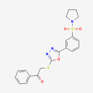 molecular formula C20H19N3O4S2 B2909931 1-Phenyl-2-((5-(3-(pyrrolidin-1-ylsulfonyl)phenyl)-1,3,4-oxadiazol-2-yl)thio)ethanone CAS No. 941244-25-3