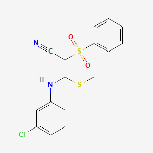 molecular formula C16H13ClN2O2S2 B2909933 (Z)-2-(benzenesulfonyl)-3-(3-chloroanilino)-3-methylsulfanylprop-2-enenitrile CAS No. 1025268-52-3