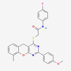 molecular formula C27H22FN3O3S B2909938 N-(4-Fluorophenyl)-2-{[2-(4-methoxyphenyl)-9-methyl-5H-chromeno[2,3-D]pyrimidin-4-YL]sulfanyl}acetamide CAS No. 866873-31-6