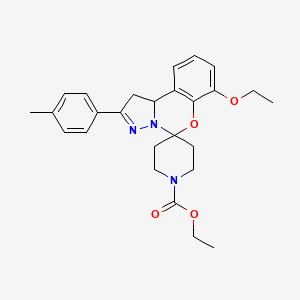 molecular formula C26H31N3O4 B2909942 ethyl 10'-ethoxy-4'-(4-methylphenyl)-8'-oxa-5',6'-diazaspiro[piperidine-4,7'-tricyclo[7.4.0.0^{2,6}]tridecane]-1'(9'),4',10',12'-tetraene-1-carboxylate CAS No. 899727-85-6