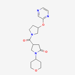 molecular formula C18H24N4O4 B2909990 1-(oxan-4-yl)-4-[3-(pyrazin-2-yloxy)pyrrolidine-1-carbonyl]pyrrolidin-2-one CAS No. 2034321-63-4
