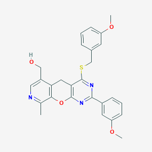 molecular formula C27H25N3O4S B2910024 [5-(3-methoxyphenyl)-7-[(3-methoxyphenyl)methylsulfanyl]-14-methyl-2-oxa-4,6,13-triazatricyclo[8.4.0.03,8]tetradeca-1(10),3(8),4,6,11,13-hexaen-11-yl]methanol CAS No. 892415-08-6