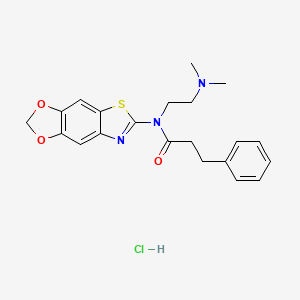 molecular formula C21H24ClN3O3S B2910062 N-[2-(dimethylamino)ethyl]-N-([1,3]dioxolo[4,5-f][1,3]benzothiazol-6-yl)-3-phenylpropanamide;hydrochloride CAS No. 1189949-99-2