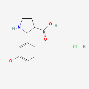 molecular formula C12H16ClNO3 B2910113 2-(3-Methoxyphenyl)pyrrolidine-3-carboxylic acid hydrochloride CAS No. 1864052-34-5