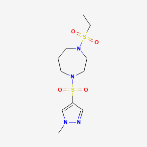 molecular formula C11H20N4O4S2 B2910125 1-(ethylsulfonyl)-4-((1-methyl-1H-pyrazol-4-yl)sulfonyl)-1,4-diazepane CAS No. 2034544-75-5