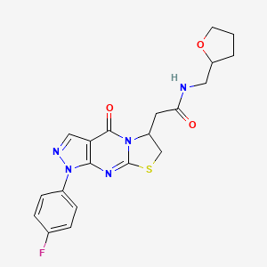 molecular formula C20H20FN5O3S B2910137 2-(1-(4-fluorophenyl)-4-oxo-1,4,6,7-tetrahydropyrazolo[3,4-d]thiazolo[3,2-a]pyrimidin-6-yl)-N-((tetrahydrofuran-2-yl)methyl)acetamide CAS No. 941935-10-0