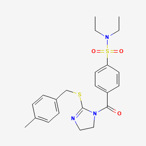 molecular formula C22H27N3O3S2 B2910191 N,N-diethyl-4-(2-{[(4-methylphenyl)methyl]sulfanyl}-4,5-dihydro-1H-imidazole-1-carbonyl)benzene-1-sulfonamide CAS No. 851805-32-8