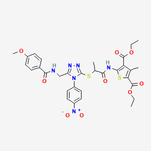molecular formula C31H32N6O9S2 B2910206 Diethyl 5-[2-[[5-[[(4-methoxybenzoyl)amino]methyl]-4-(4-nitrophenyl)-1,2,4-triazol-3-yl]sulfanyl]propanoylamino]-3-methylthiophene-2,4-dicarboxylate CAS No. 393814-66-9