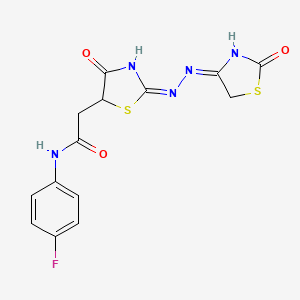 molecular formula C14H12FN5O3S2 B2910224 N-(4-fluorophenyl)-2-((E)-4-oxo-2-((E)-(2-oxothiazolidin-4-ylidene)hydrazono)thiazolidin-5-yl)acetamide CAS No. 618067-01-9