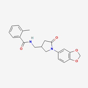 molecular formula C20H20N2O4 B2910287 N-((1-(benzo[d][1,3]dioxol-5-yl)-5-oxopyrrolidin-3-yl)methyl)-2-methylbenzamide CAS No. 955227-65-3