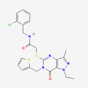 molecular formula C22H22ClN5O2S2 B2910648 N-[(2-chlorophenyl)methyl]-2-({1-ethyl-3-methyl-7-oxo-6-[(thiophen-2-yl)methyl]-1H,6H,7H-pyrazolo[4,3-d]pyrimidin-5-yl}sulfanyl)acetamide CAS No. 1358527-30-6
