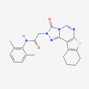 molecular formula C21H21N5O2S B2910662 N-(2,6-dimethylphenyl)-2-{5-oxo-10-thia-3,4,6,8-tetraazatetracyclo[7.7.0.0^{2,6}.0^{11,16}]hexadeca-1(9),2,7,11(16)-tetraen-4-yl}acetamide CAS No. 1358180-55-8