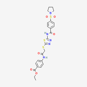 molecular formula C24H25N5O6S3 B2910774 Ethyl 4-(2-((5-(4-(pyrrolidin-1-ylsulfonyl)benzamido)-1,3,4-thiadiazol-2-yl)thio)acetamido)benzoate CAS No. 392294-75-6