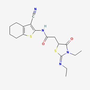 molecular formula C18H22N4O2S2 B2910804 N-(3-cyano-4,5,6,7-tetrahydro-1-benzothiophen-2-yl)-2-[(2E)-3-ethyl-2-(ethylimino)-4-oxo-1,3-thiazolidin-5-yl]acetamide CAS No. 1164465-01-3