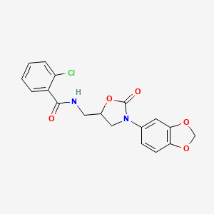 molecular formula C18H15ClN2O5 B2911039 N-((3-(benzo[d][1,3]dioxol-5-yl)-2-oxooxazolidin-5-yl)methyl)-2-chlorobenzamide CAS No. 955241-02-8