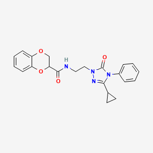 molecular formula C22H22N4O4 B2911045 N-(2-(3-cyclopropyl-5-oxo-4-phenyl-4,5-dihydro-1H-1,2,4-triazol-1-yl)ethyl)-2,3-dihydrobenzo[b][1,4]dioxine-2-carboxamide CAS No. 1396766-36-1