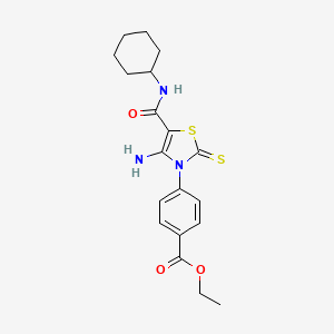 molecular formula C19H23N3O3S2 B2911188 ethyl 4-[4-amino-5-(cyclohexylcarbamoyl)-2-sulfanylidene-2,3-dihydro-1,3-thiazol-3-yl]benzoate CAS No. 946294-55-9
