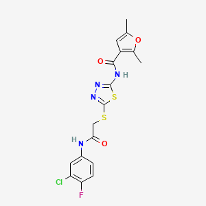molecular formula C17H14ClFN4O3S2 B2911240 N-(5-((2-((3-chloro-4-fluorophenyl)amino)-2-oxoethyl)thio)-1,3,4-thiadiazol-2-yl)-2,5-dimethylfuran-3-carboxamide CAS No. 1219912-19-2