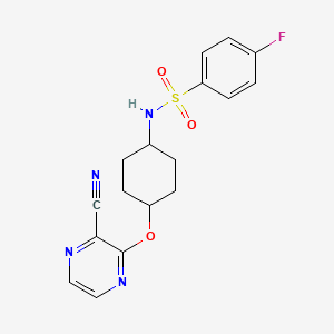 molecular formula C17H17FN4O3S B2911307 N-((1r,4r)-4-((3-cyanopyrazin-2-yl)oxy)cyclohexyl)-4-fluorobenzenesulfonamide CAS No. 2034473-81-7
